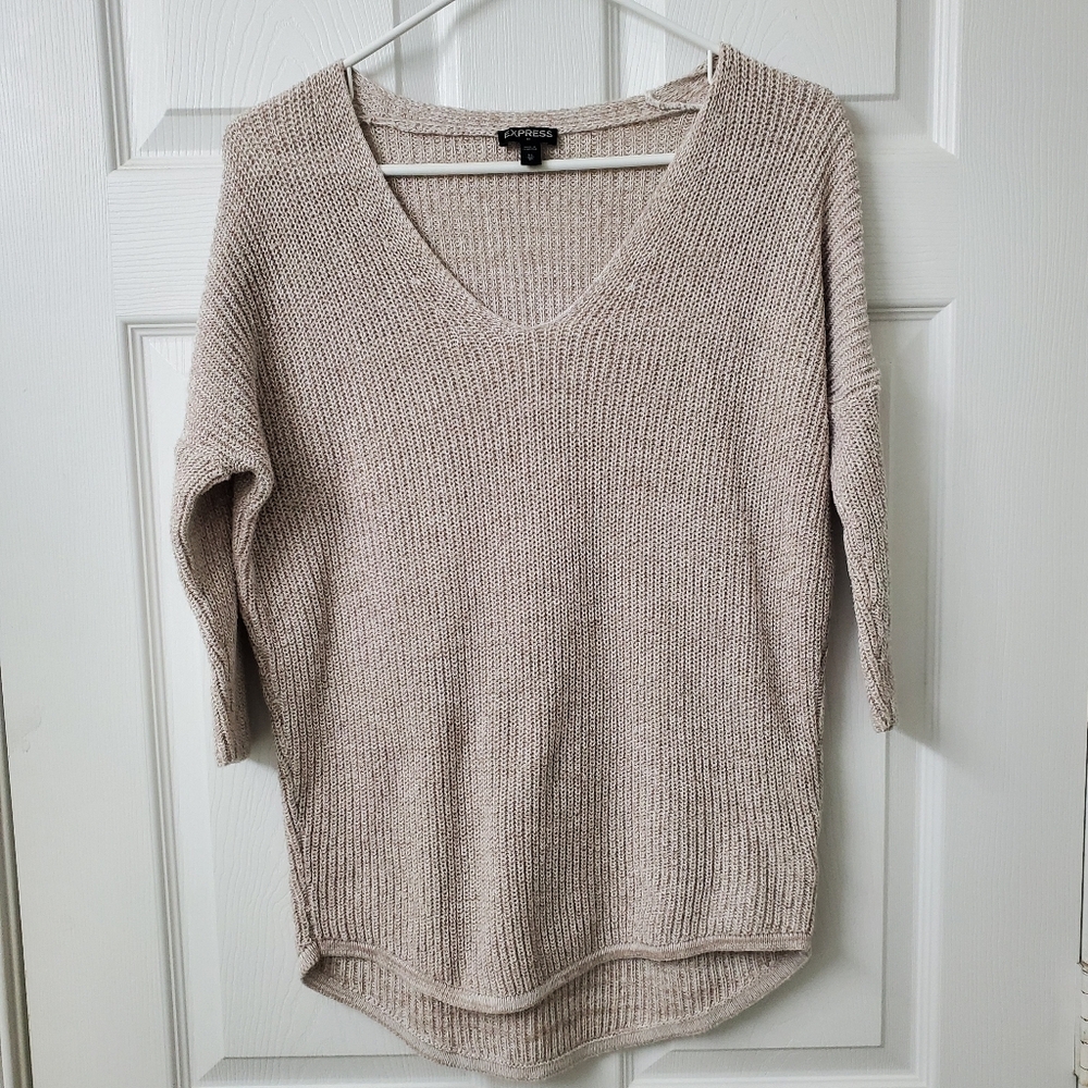 Express Women V-neck Cozy Cotton Oversized 3/4 Sleeve Sweater, Oatmeal, XS - Picture 1 of 5